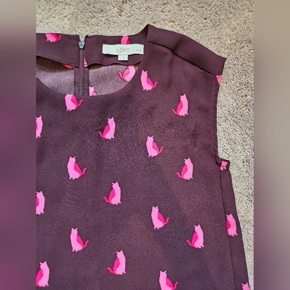 Ann Taylor LOFT maroon pink cat print shift sheath dress Womens SMALL PETITE SP